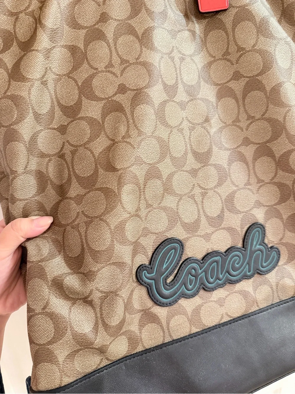 Coach Signature Logo Drawstring Backpack in Brown and Black